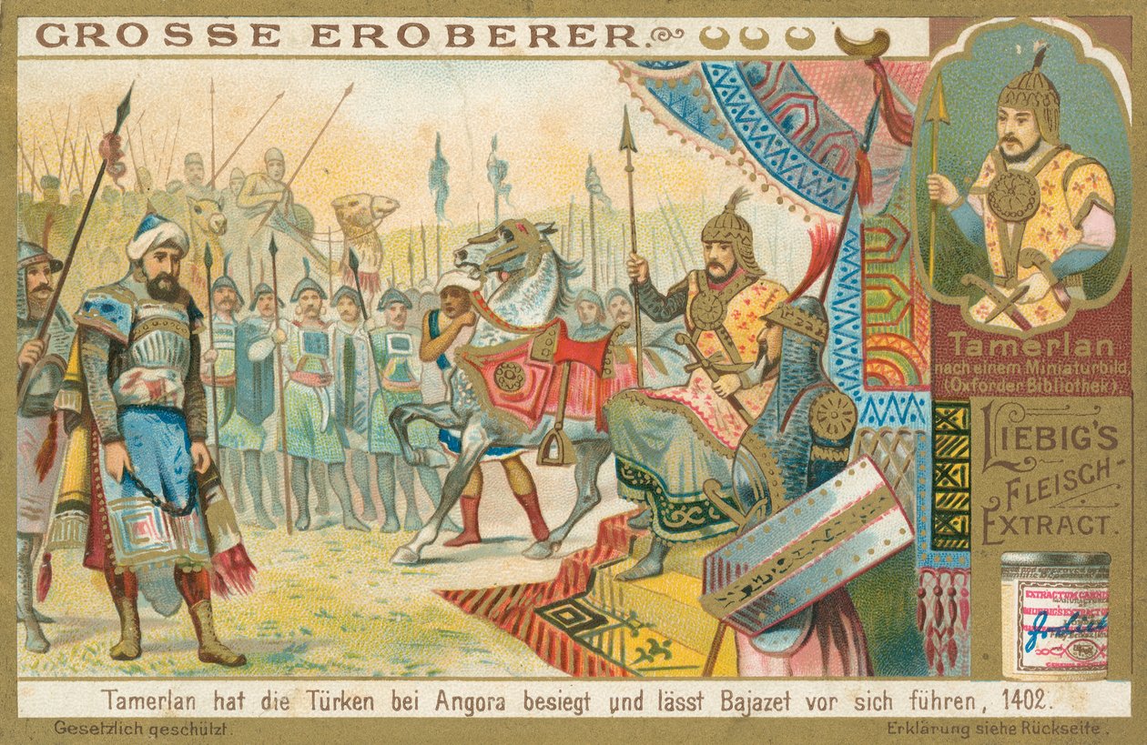 Tamburlaine besegrar Bajazeth, Liebigkort, tidigt 1900-tal (chromo) av European School