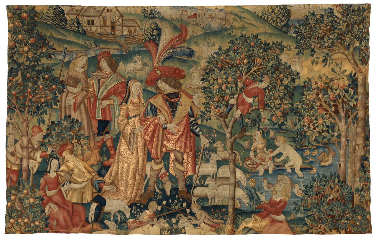 Gobeläng föreställande pastoral scen med fruktplockning, eller The Seigneur in his Park eller Rural Alliance och fruktplockning, ca 1500 (ull och siden) av European School