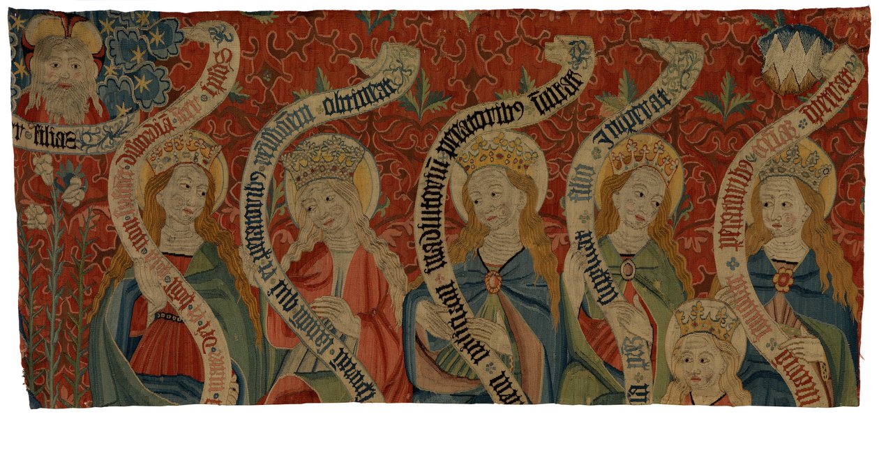 Gobelängfragment föreställande den Allsmäktige och sex heliga kvinnor, troligen från ett antependium, slutet av 1400-talet (ull) av European School