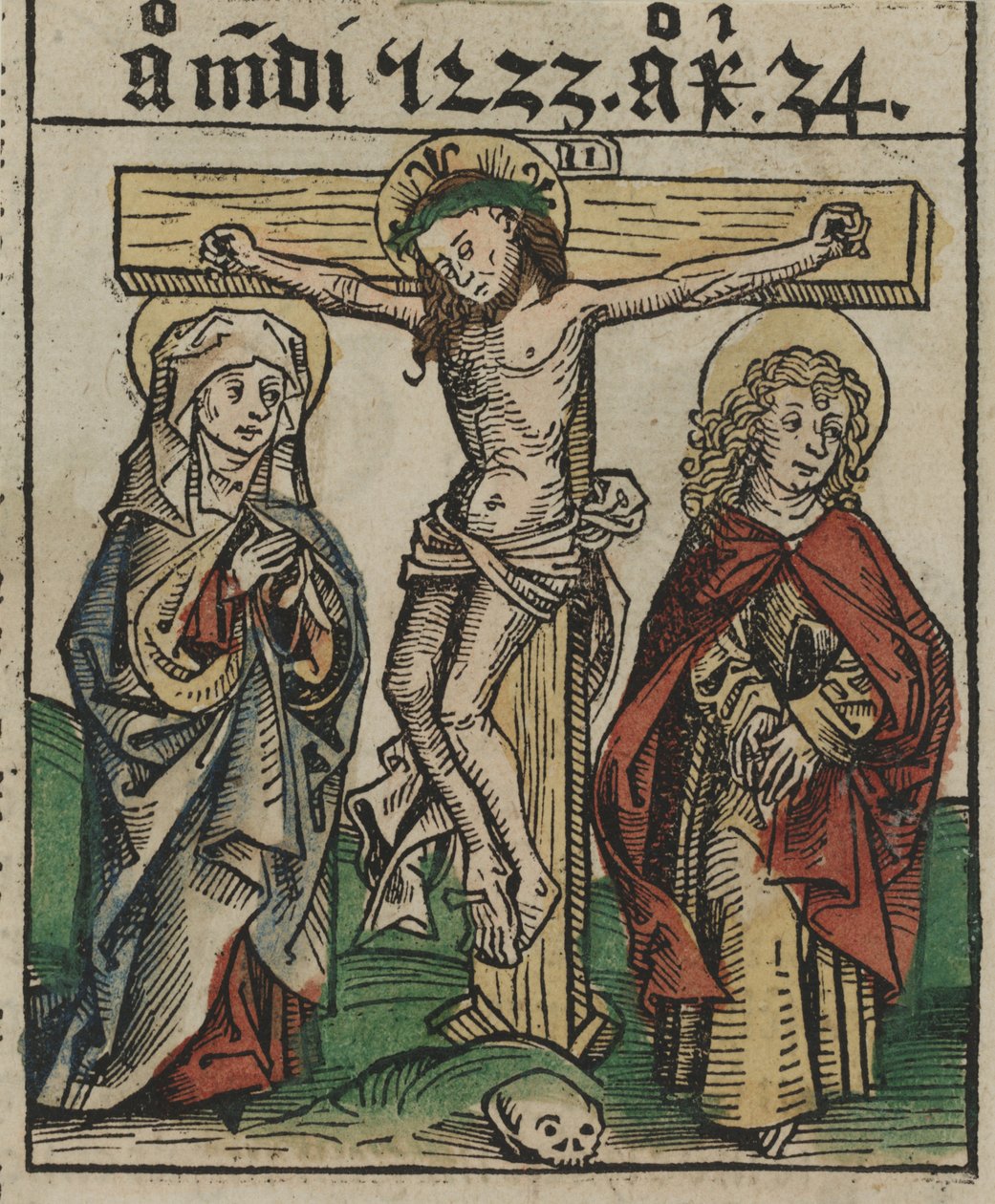 The Crucifixion, sent 1400-tal (handfärgat träsnitt) av European School