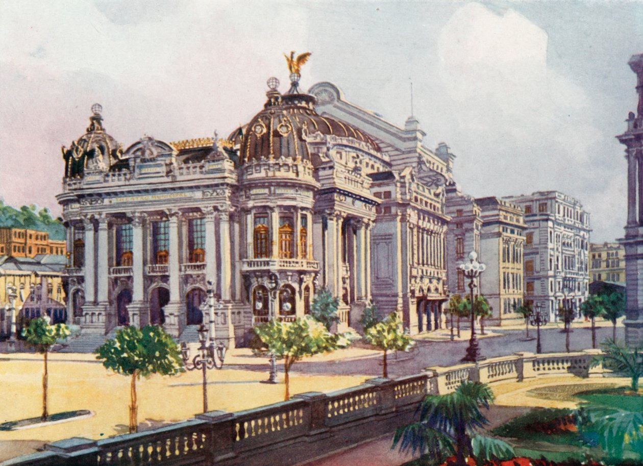 Stadsteatern, Avenida Rio Branco (färglitografi) av European School