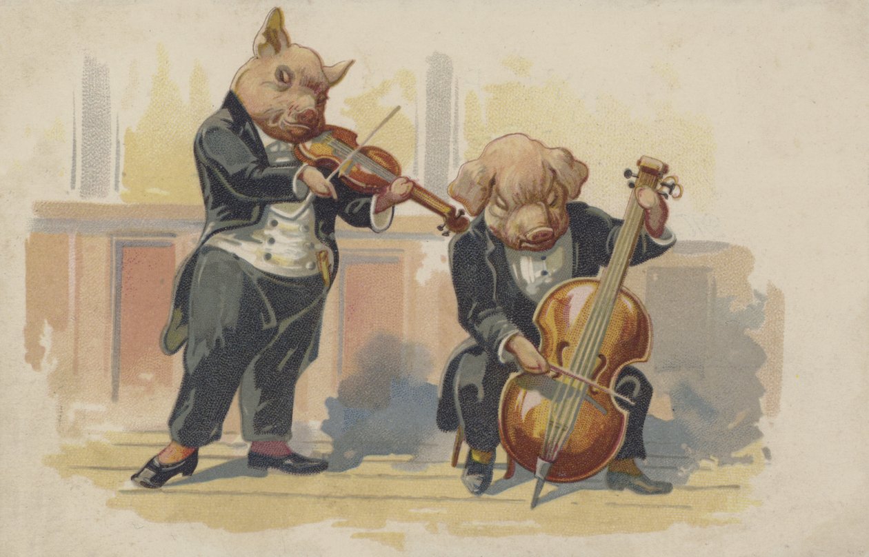 Två grisar spelar musikinstrument (färglitografi) av European School
