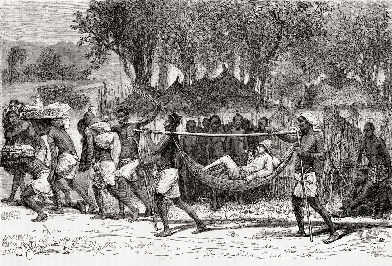 Verney Lovett Cameron anländer till byn Oulonnda, Afrika, 1878 (trägravyr) av European School