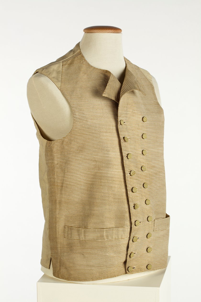 Väst i vävt siden med fint guld, grädde och orange ränder, ca 1780-90 (silke) av European School