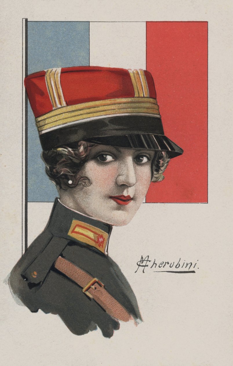Kvinna i uniform, Frankrike (färglitografi) av European School