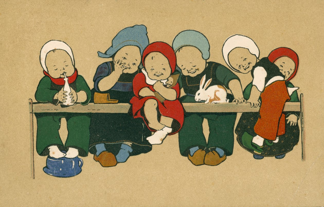 Unga holländska barn i kostym (färglitografi) av European School