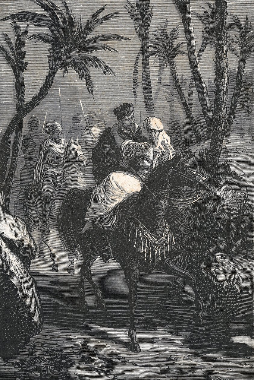 Cervantes rider en häst med en kvinna i en oas av Eusebio Planas