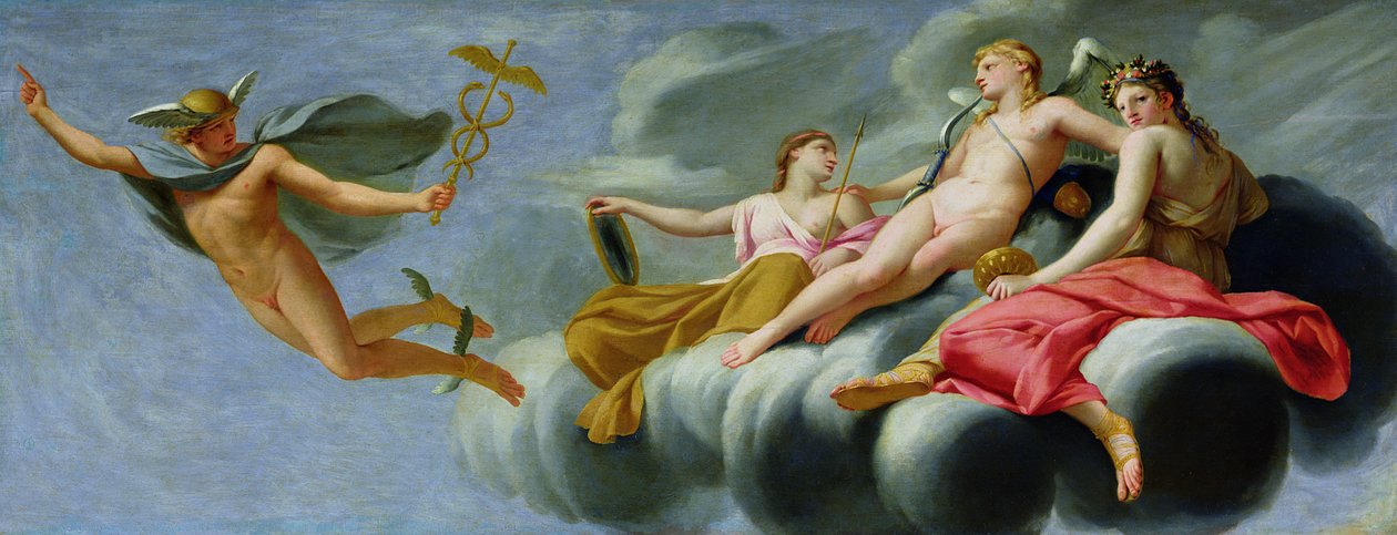 Amor beordrar Merkurius, gudarnas budbärare, att tillkännage kärlekens kraft till universum, 1646-47 av Eustache Le Sueur