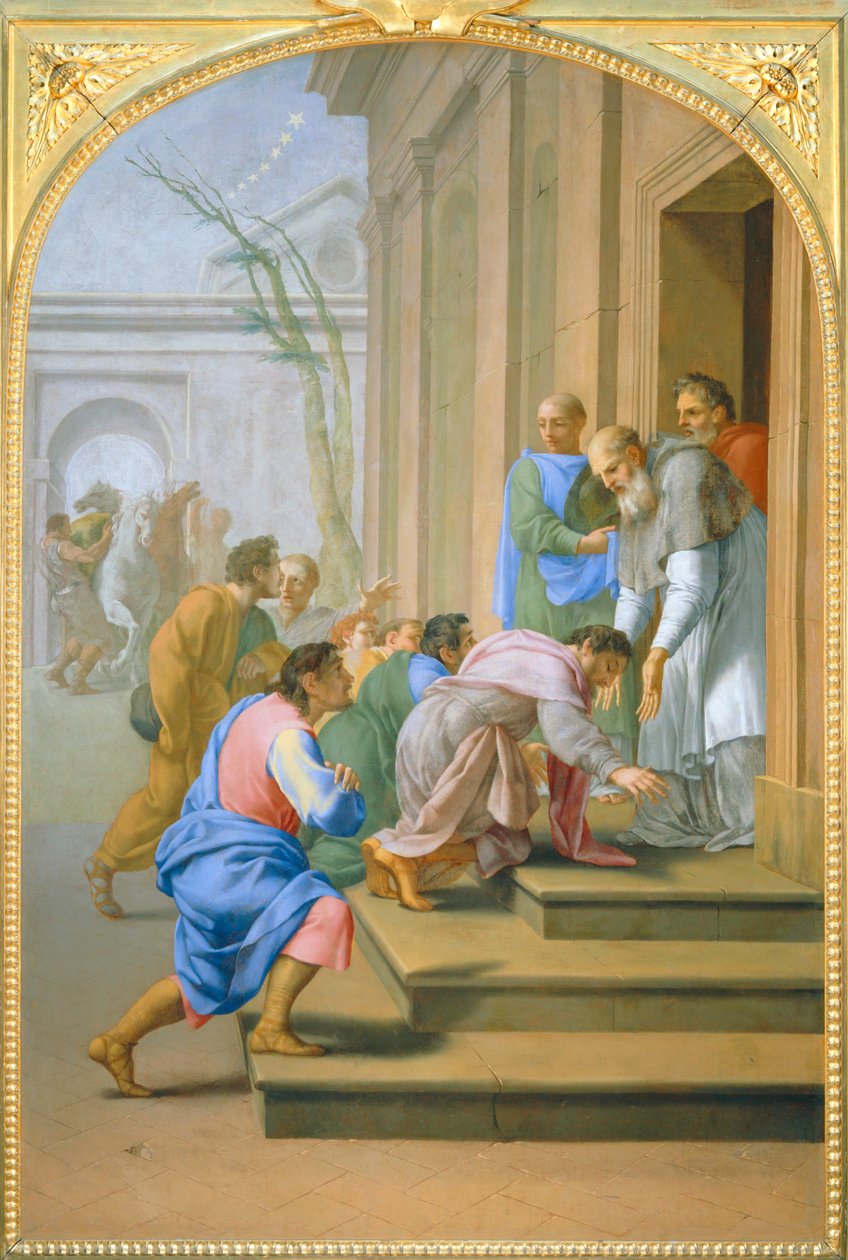 Arrivee de saint Bruno à Grenoble chez saint Hugues - Sankt Brunos ankomst till Grenoble i Sankt Hugues hus ... av Eustache (studio of) Le Sueur