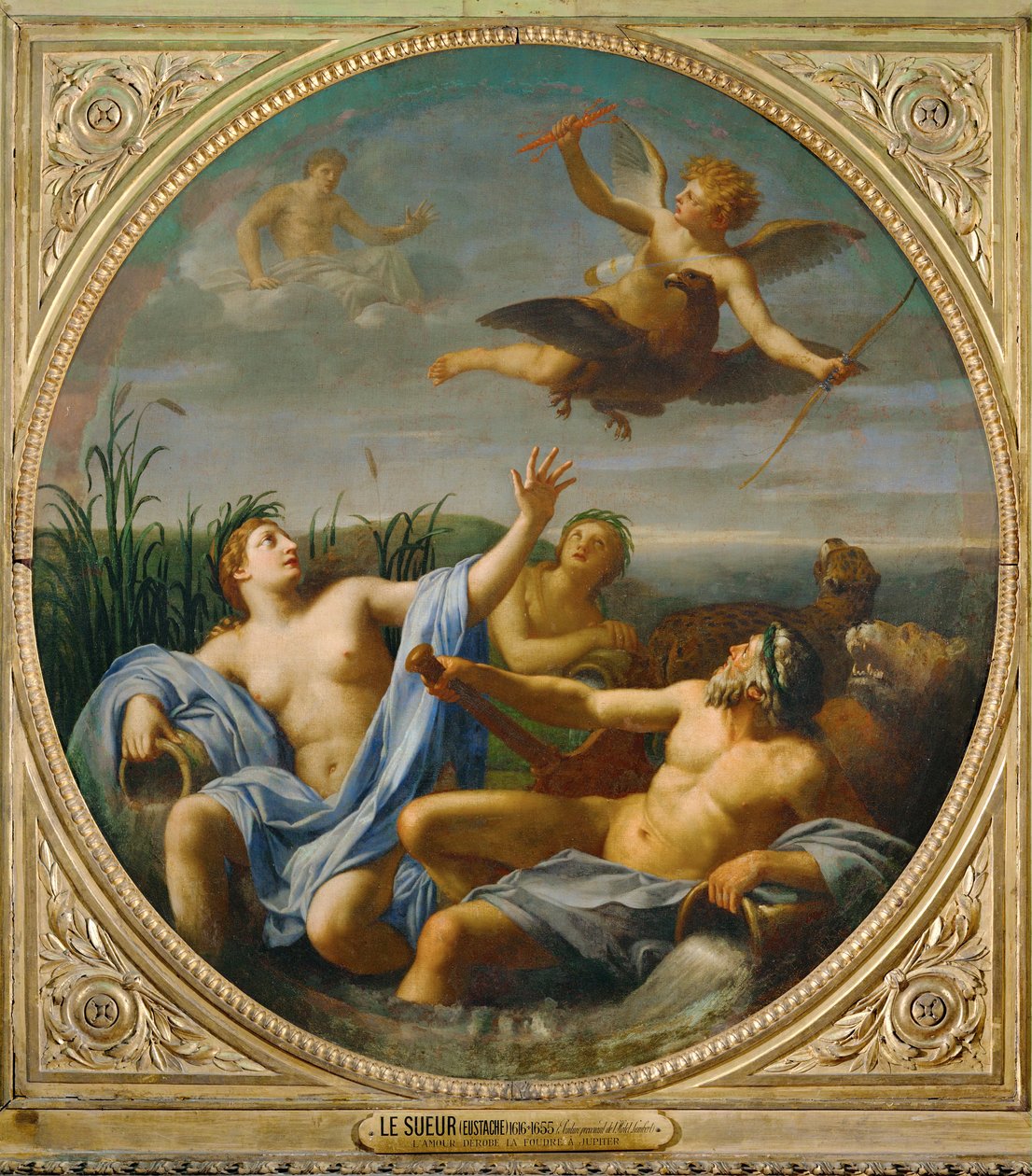 Kärleken har avvärjt Jupiters åskvigg och flyger iväg ... av Eustache (studio of) Le Sueur