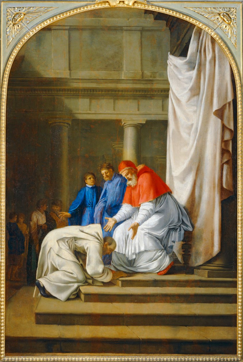 Saint Bruno aux pieds du pape Urbain II - Sankt Bruno vid påven Urban II:s fötter. 1645-1648 ... av Eustache (studio of) Le Sueur