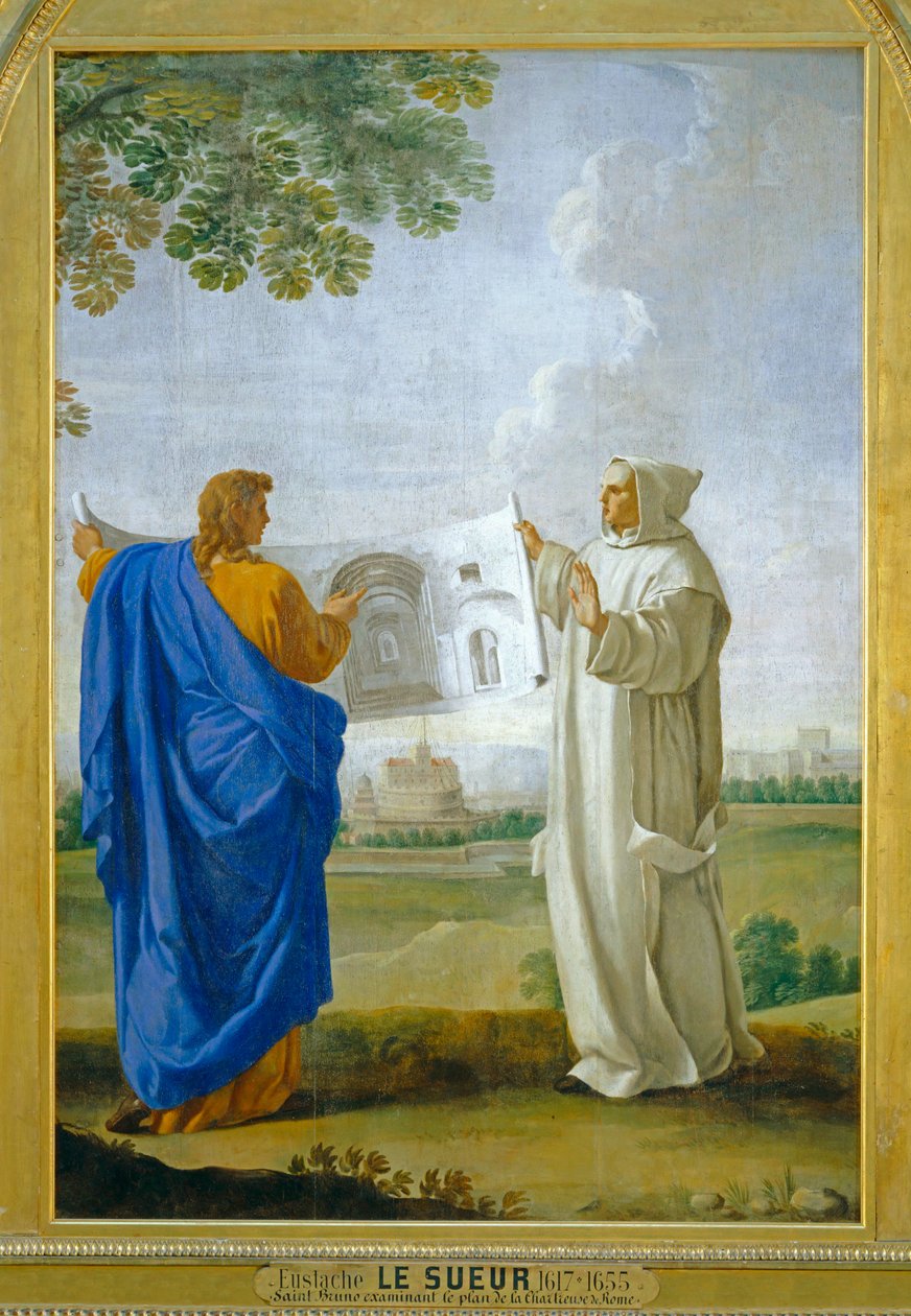 Saint Bruno undersöker en ritning av de termiska baden i Diocletien, framtida plats för charterhuset i Rom ... av Eustache (studio of) Le Sueur