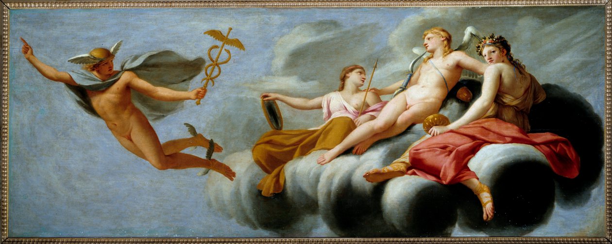 Cupid beordrar Mercury att meddela sin makt till universum. Hermes har tappat sin egenskap. Målning av Eustache Le Sueur (1617-1655) 1646 sön. 1x2,5 m . av Eustache Le Sueur