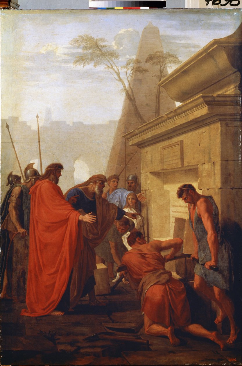 ""Darius öppnar Nitocris grav"" (Darius Hystaspes öppnar Nitocrys grav) Kungen av Persien Darius I den store (400-talet f.Kr.) öppnar graven för drottningen av Babylon Nitocris, som hade gjort en grav på sin grav att hans efterträdare av Eustache Le Sueur