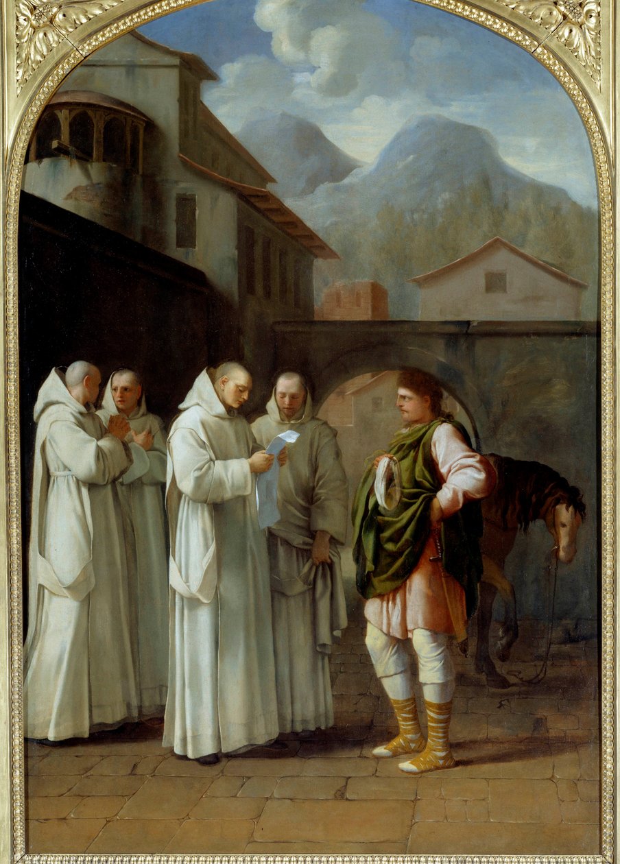 Saint Bruno (1030-1101), grundare av Kartuserorden får ett meddelande från påven Urban II (Urbano II) av Eustache Le Sueur