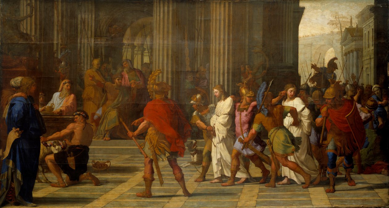 Saint Gervais och Saint Protais ställde inför Astasius, vägrar att offra till Jupiter av Eustache Le Sueur
