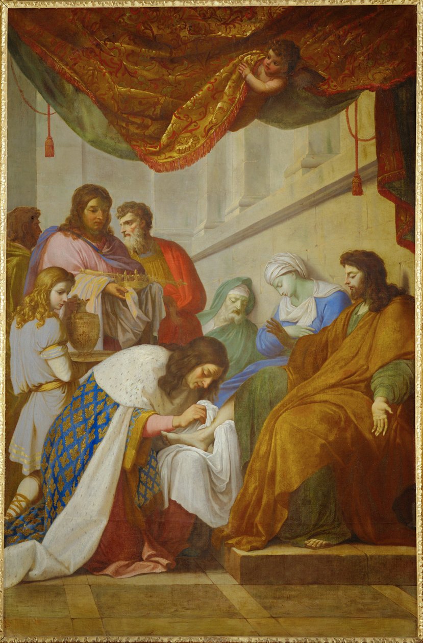 Saint Louis soignant les malades - Saint Louis ... (målning på duk) av Eustache Le Sueur