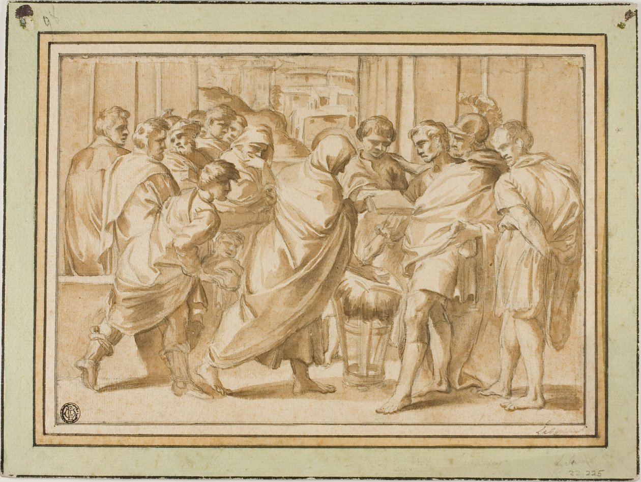 Scen från romersk historia, med draperad figur som presenterar bok för linjal av Eustache Le Sueur