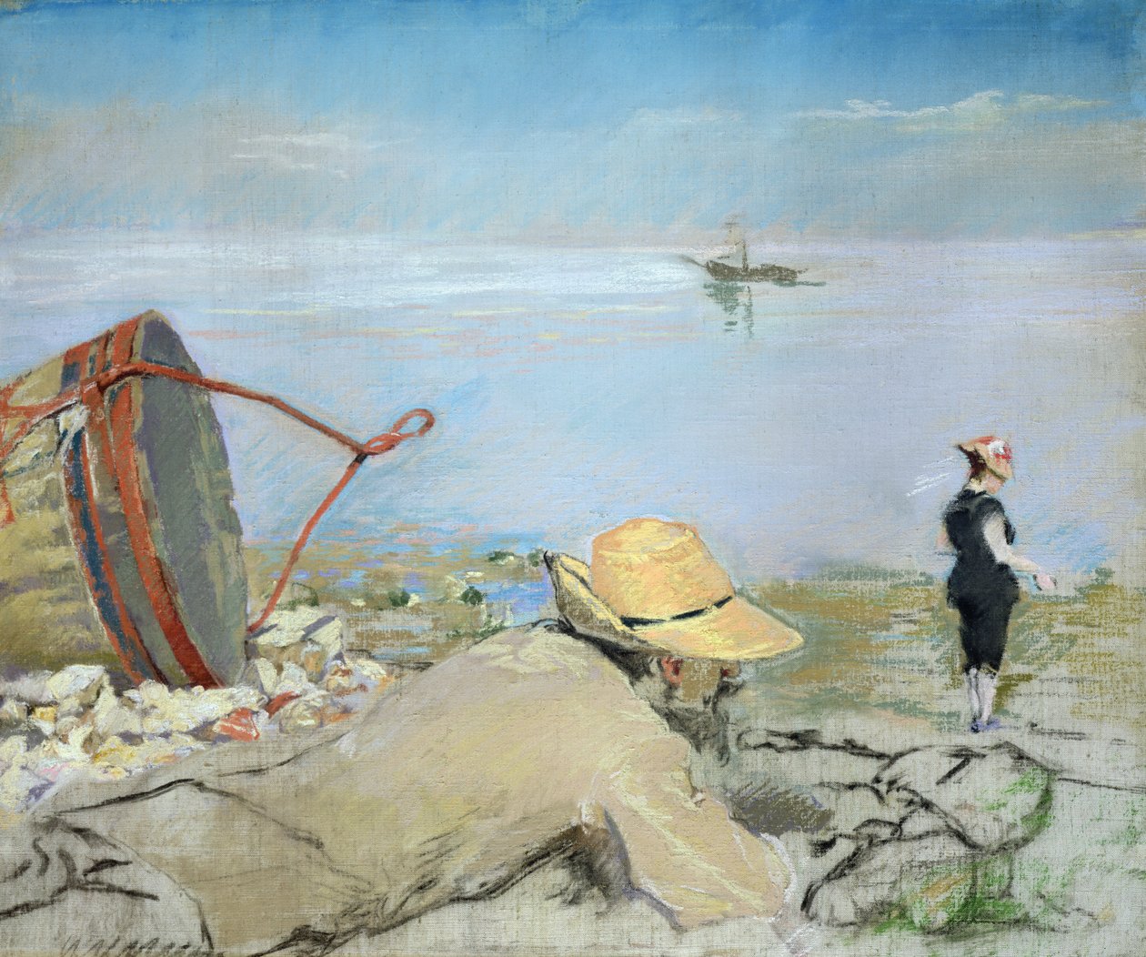 Henri Guerard kopplar av på stranden (pastell på duk) av Eva Gonzalès