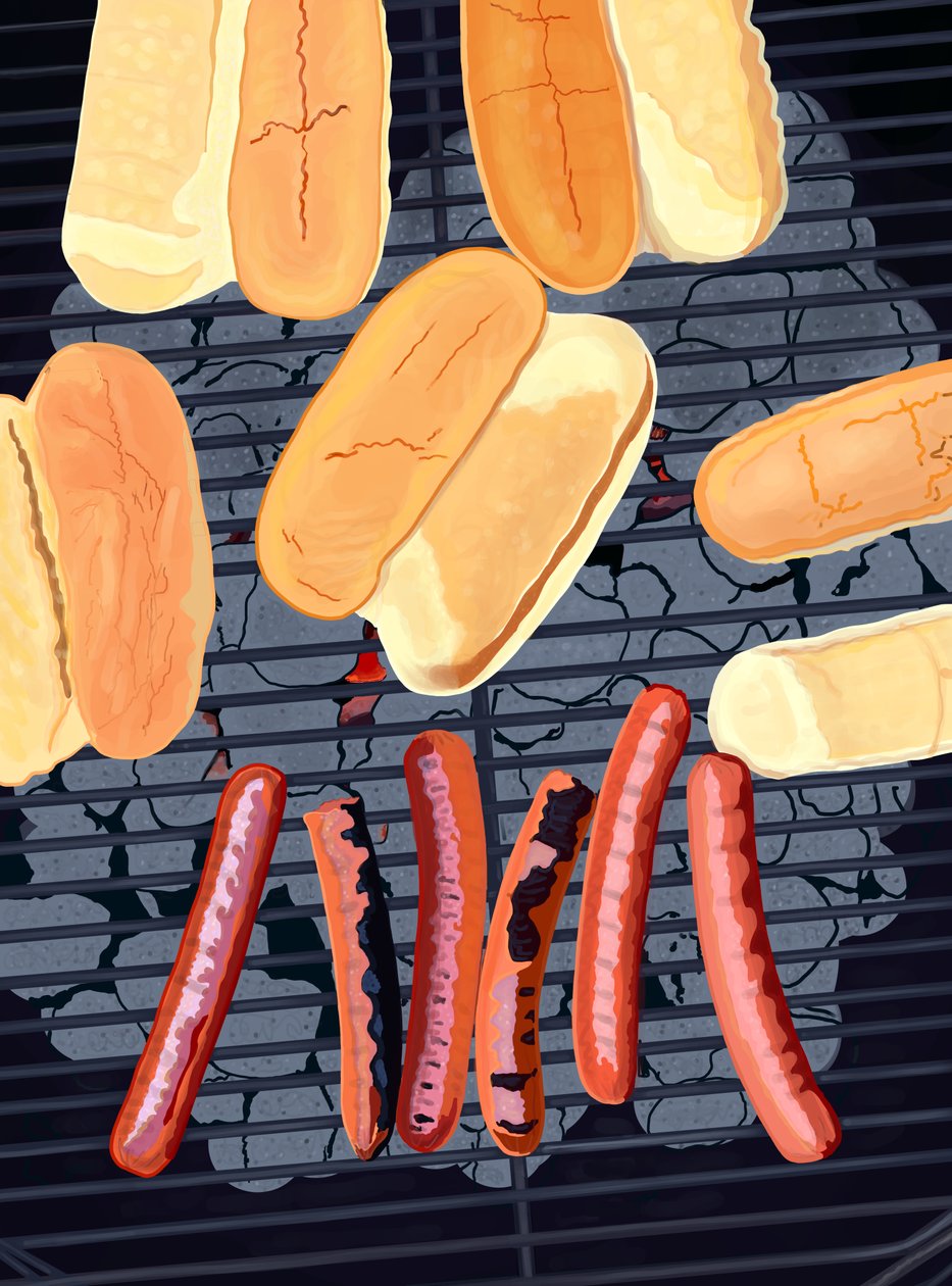 6 varmkorvar på grill, södra sidan av Streef (digital konst) av Evan Sklar
