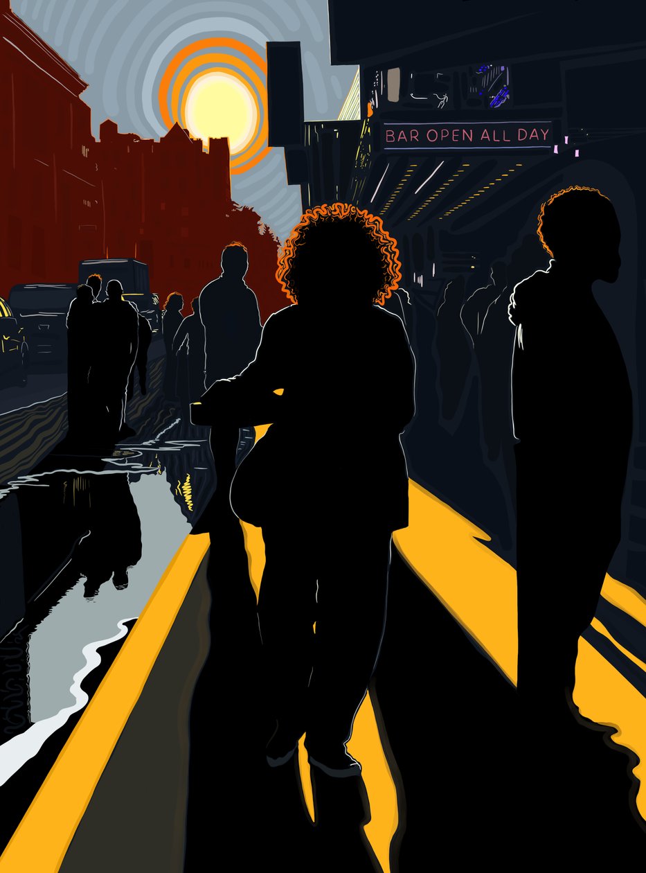 Bakgrundsbelysta figurer och sol på Manhattans trottoar (digital konst) av Evan Sklar