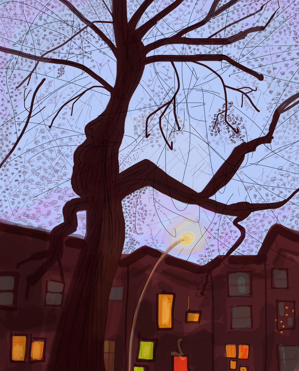 Brooklyn Brownstone Street At Dusk, 2016 (handritad på en iPad med en Apple-penna) av Evan Sklar