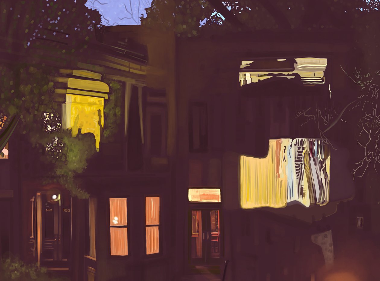 Brownstones på natten , ca 2020-24 (digital konst) av Evan Sklar
