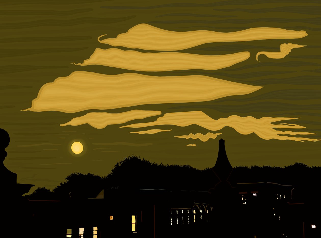 Moln, måne och park från taket (digital konst) av Evan Sklar
