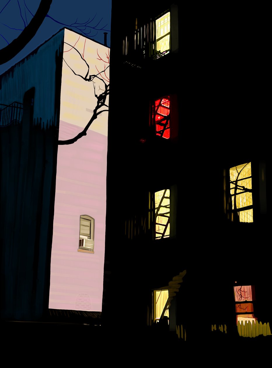 Färgglada fönster i flerfamiljshus på natten Brooklyn (digital konst) av Evan Sklar