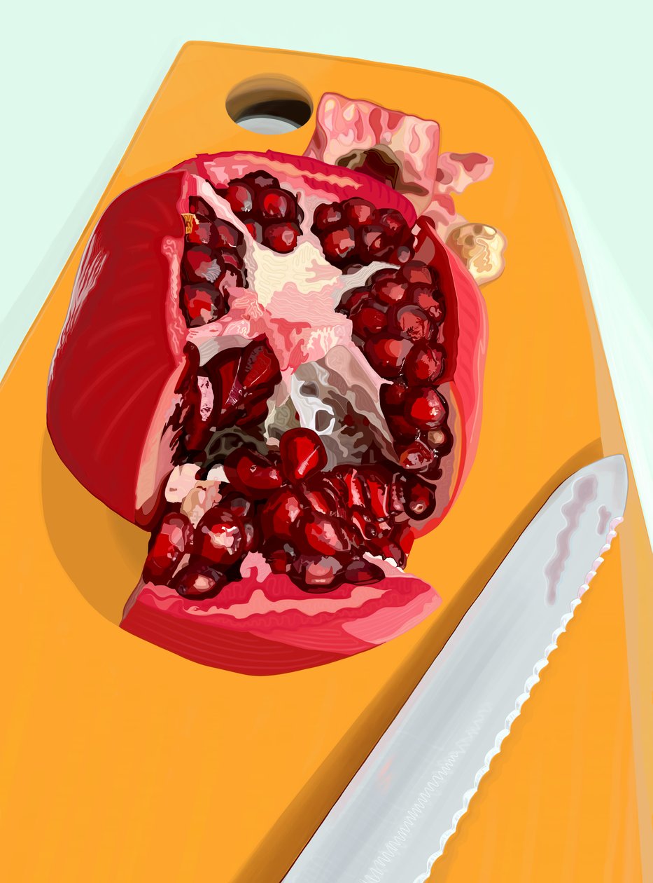 Skär granatäpple och kife på skärbräda (digital konst) av Evan Sklar