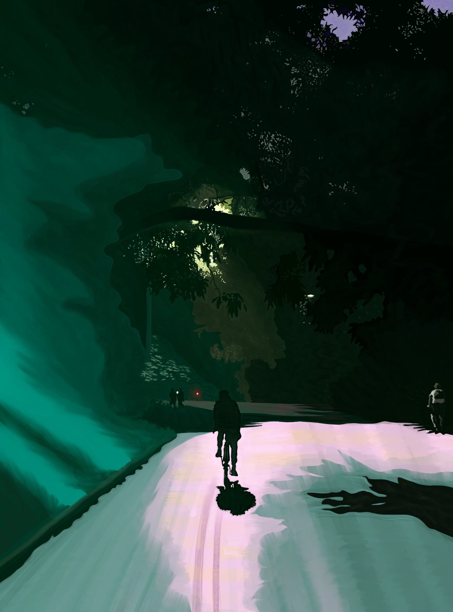 Cyklist vid Nght, Prospect Park, Brooklyn, ca 2020-24 (digital konst) av Evan Sklar
