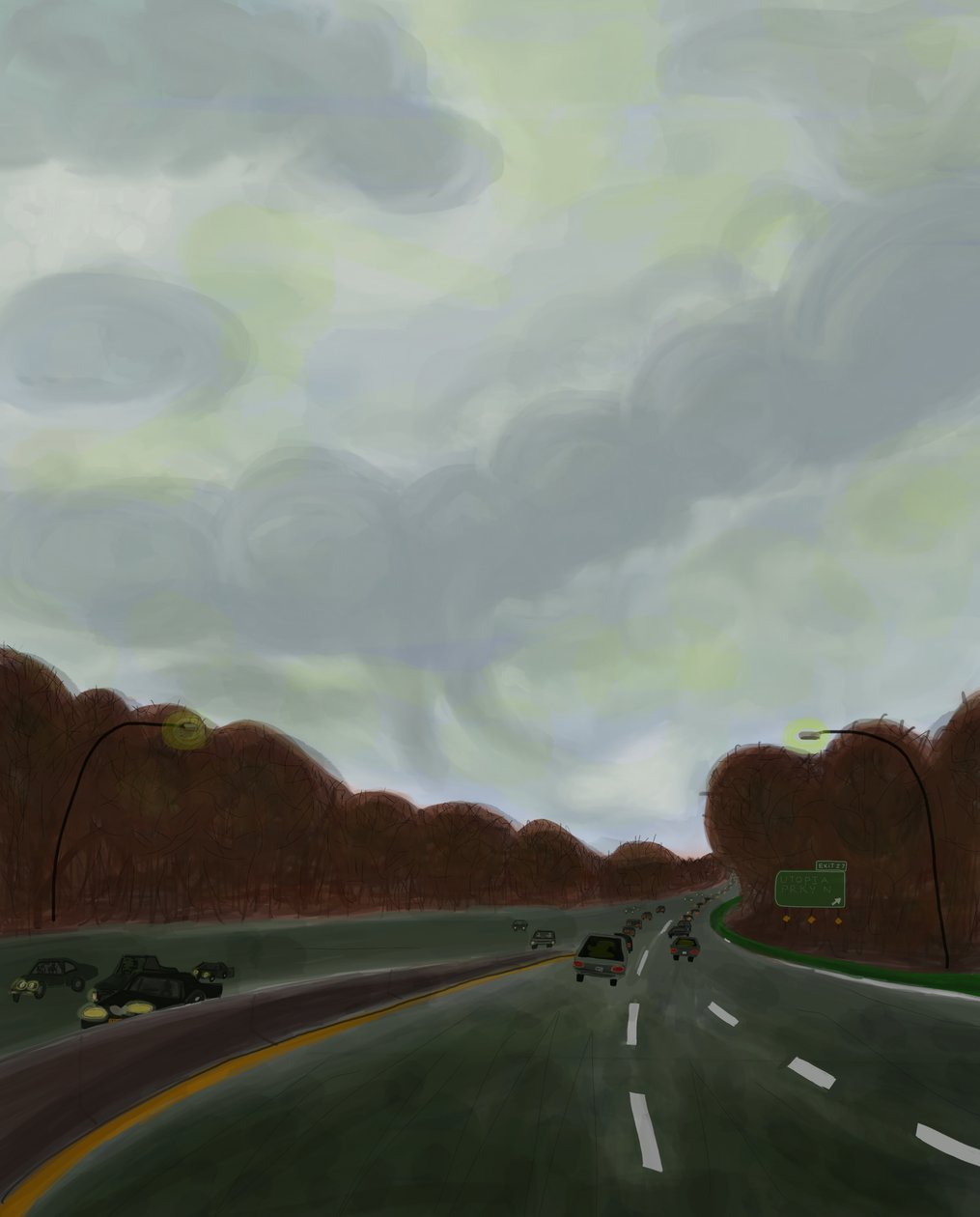 Driving the Long Island Expressway, 2017 (handritad på en iPad med en Apple-penna) av Evan Sklar
