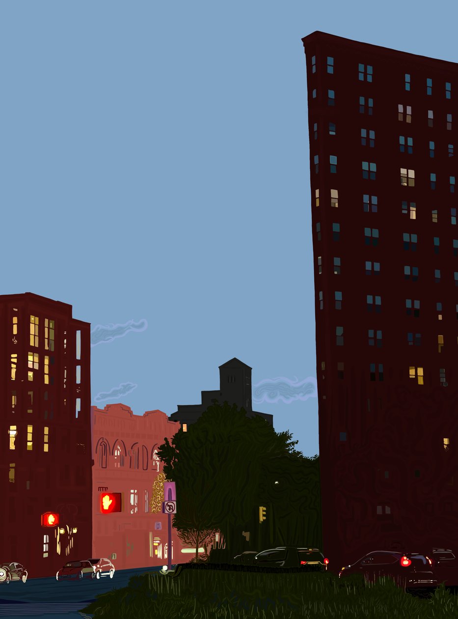 Grand Army Plaza i skymningen, ca 2020-24 (digital konst) av Evan Sklar