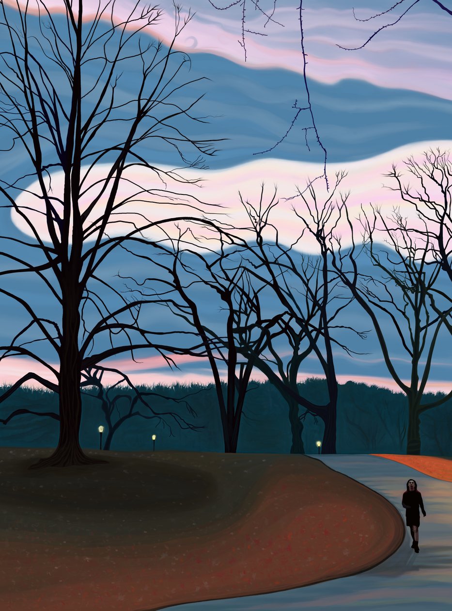 Man tränar i Prospect Park vid soluppgången Skymning (digital konst) av Evan Sklar