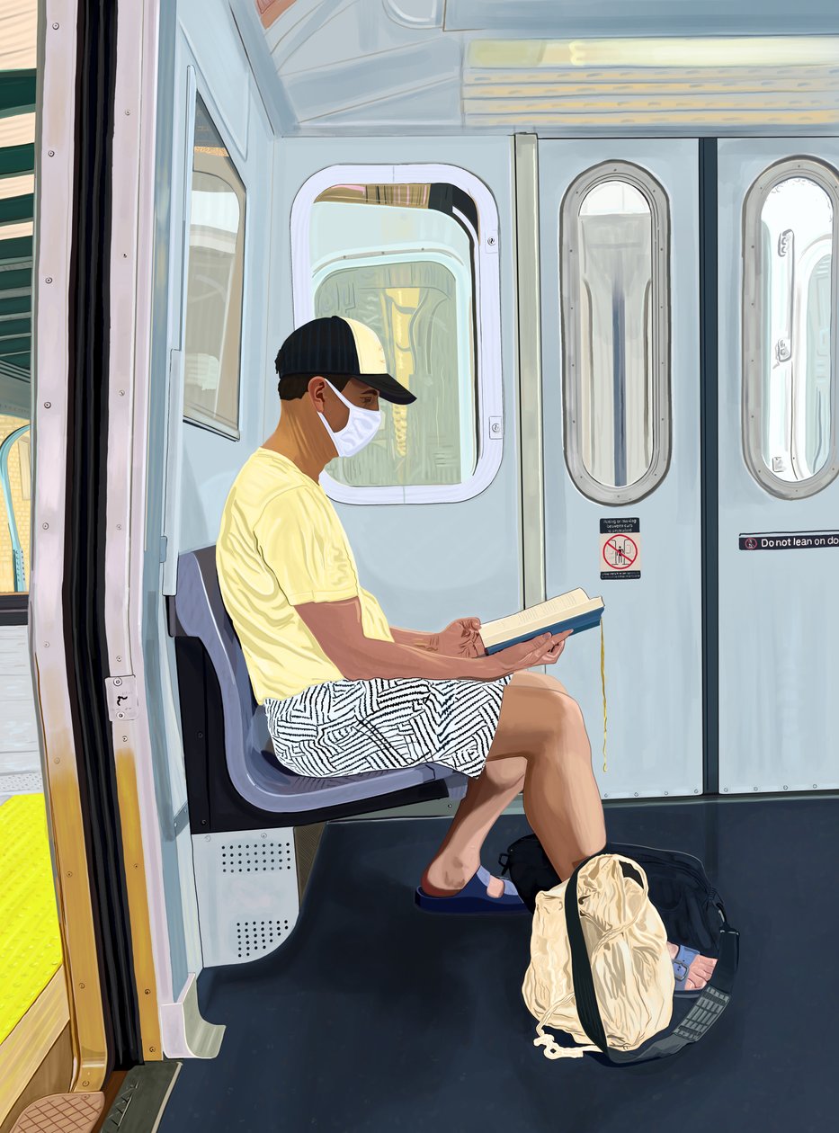 Man i avklädda shorts läser bok i tunnelbanan, ca 2020-24 (digital konst) av Evan Sklar