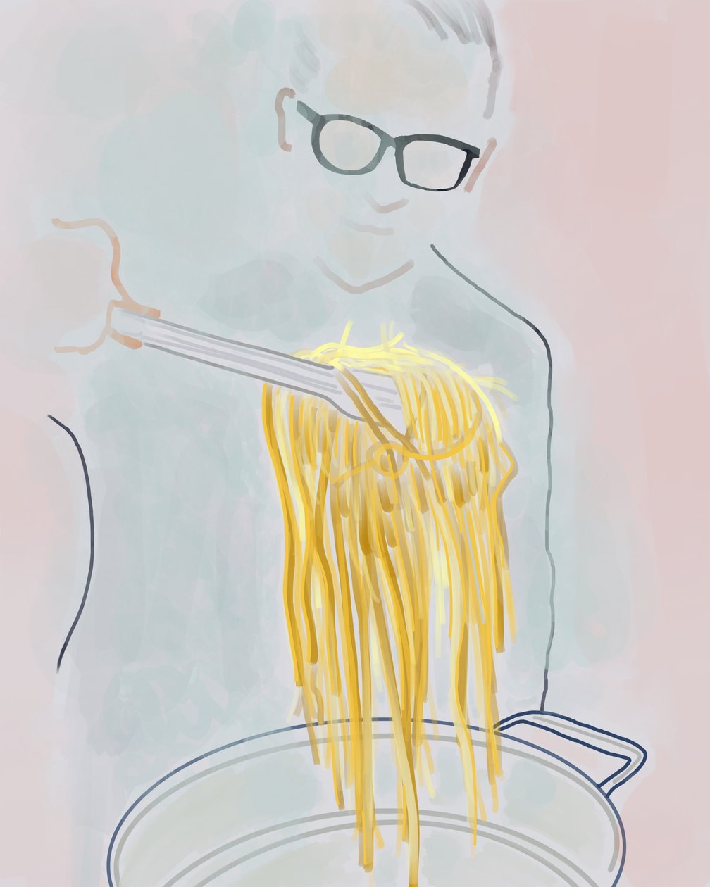 Man som drar upp pasta ur en kastrull, Brooklyn (digital konst) av Evan Sklar