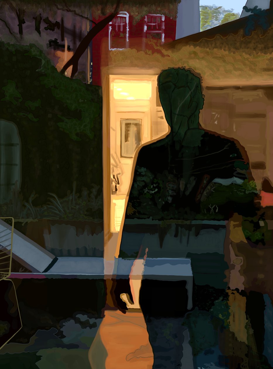 Man speglar sig i fönster i gryningen, Brooklyn (digital konst) av Evan Sklar