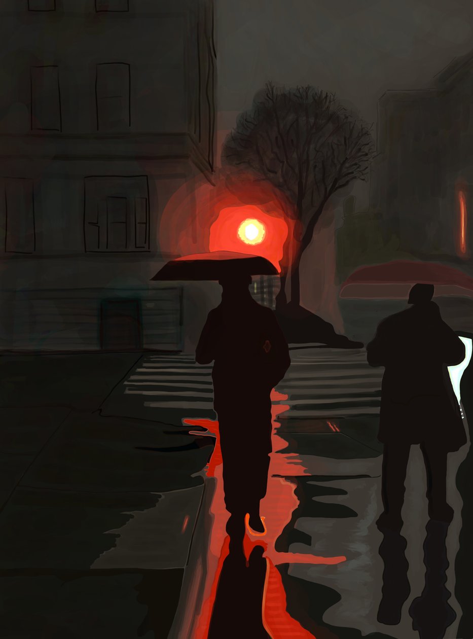 Man går i regn på natten (digital konst) av Evan Sklar