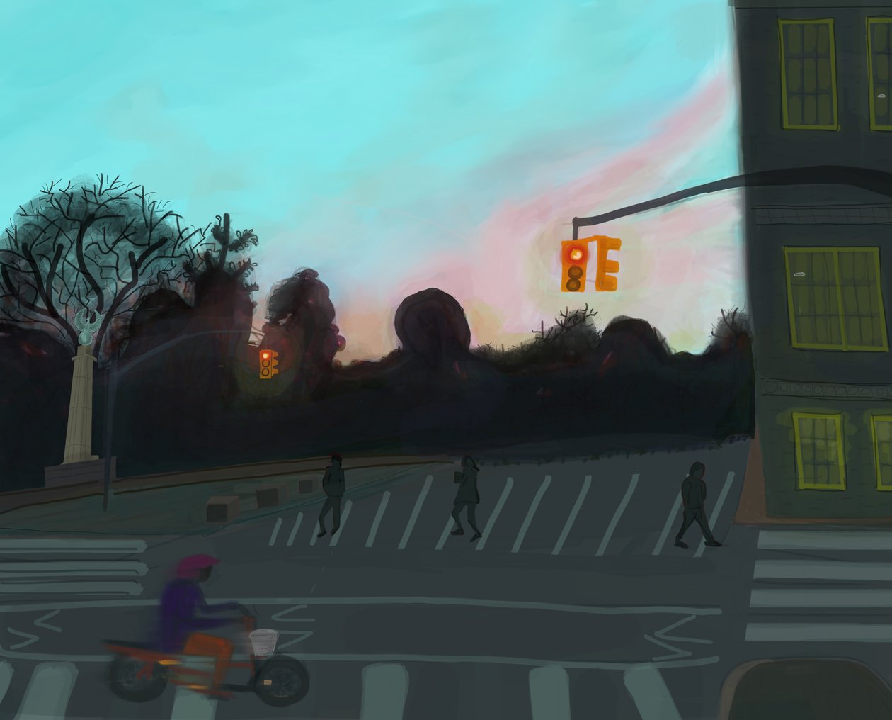 Orange Scooter,Grand Army Plaza, Brooklyn, 2016 (handritad på en iPad med en Apple penna) av Evan Sklar