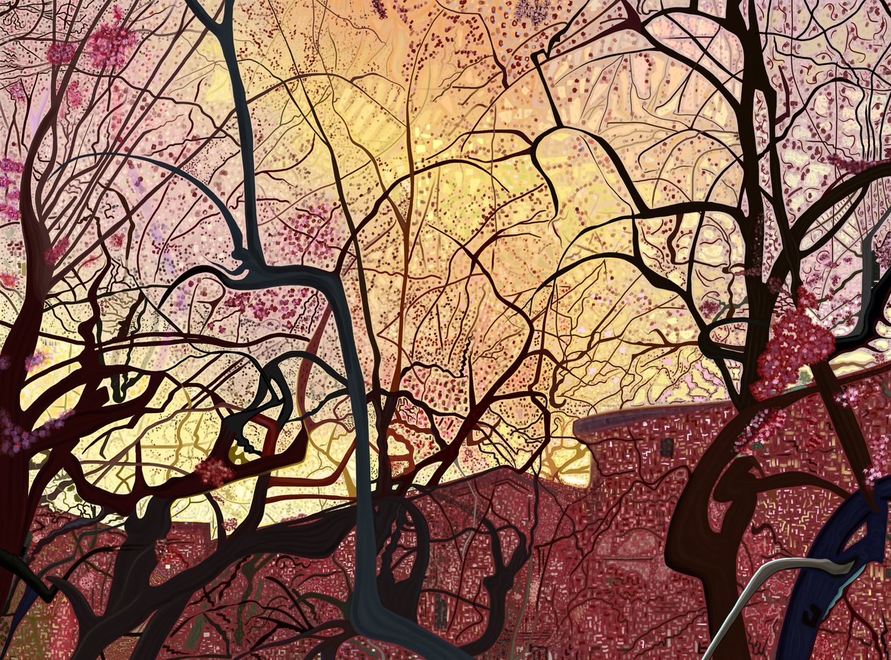 Orange himmel, byggnader och träd på våren (digital konst) av Evan Sklar