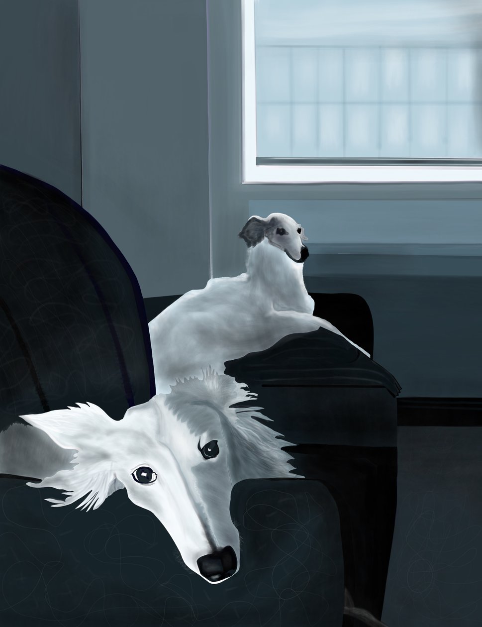 Penny och Mimmi på soffan (digital konst) av Evan Sklar