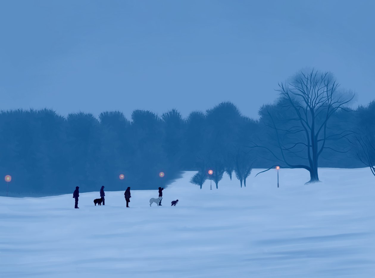 Människor och hundar i snö i Prospect Park (digital konst) av Evan Sklar