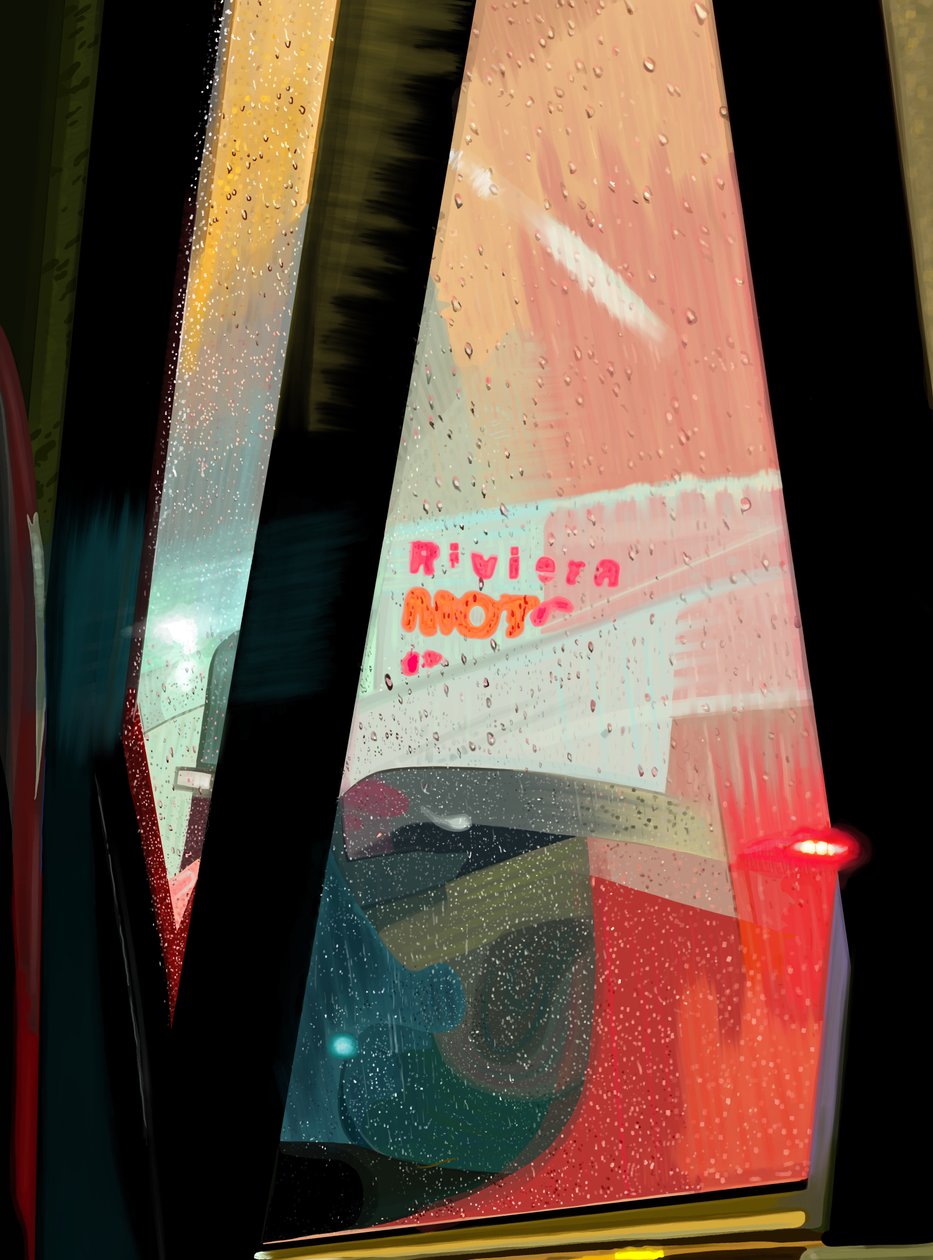 Rivera Motel-skylt sedd från bil en regnig kväll (digital konst) av Evan Sklar