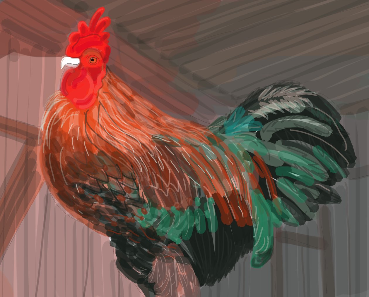 Rooster In Barn, 2018 (handritad på en iPad med en Apple-penna) av Evan Sklar
