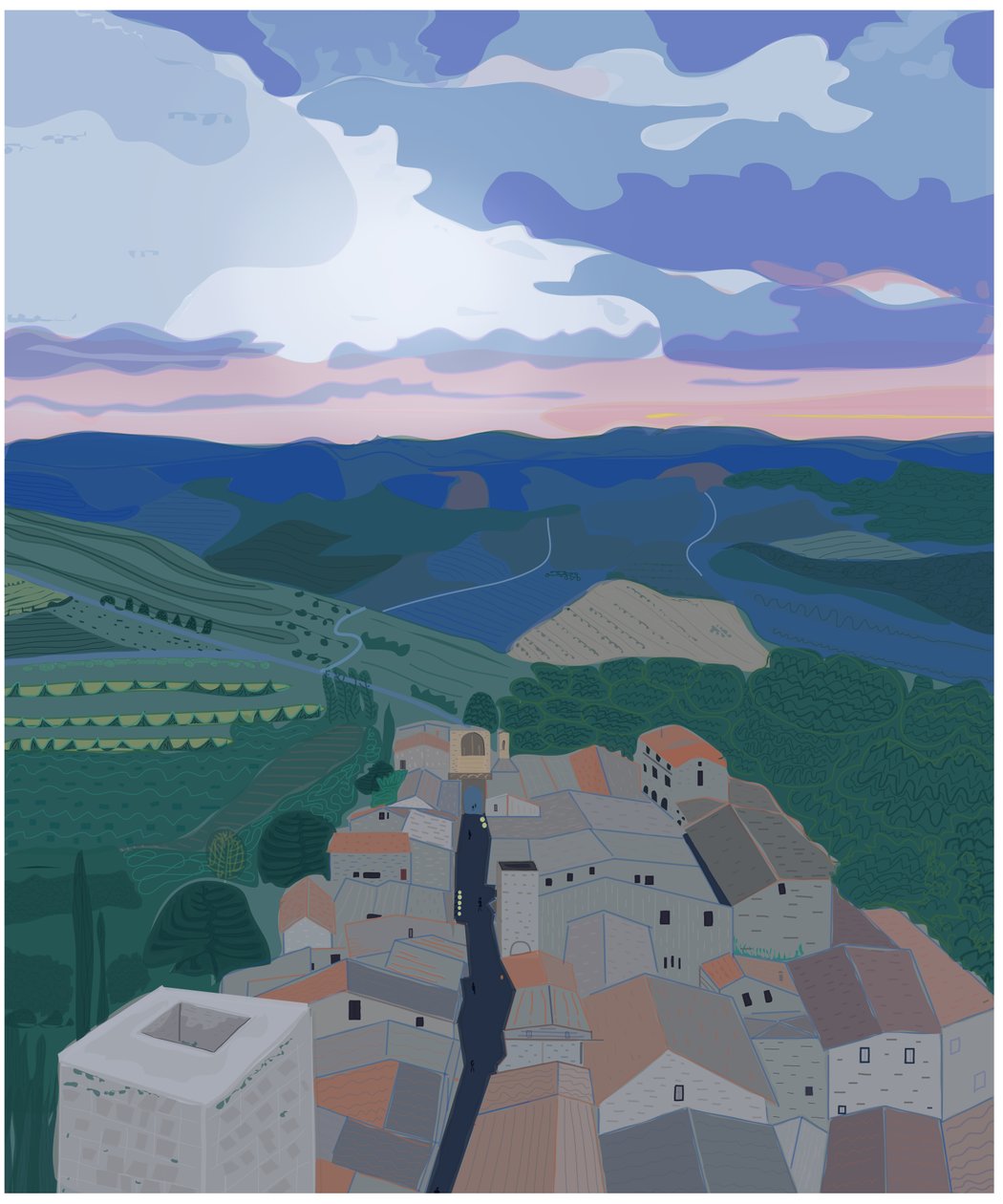 Small Village In Tuscany, 2015 (handritad på en iPad med en Apple-penna) av Evan Sklar