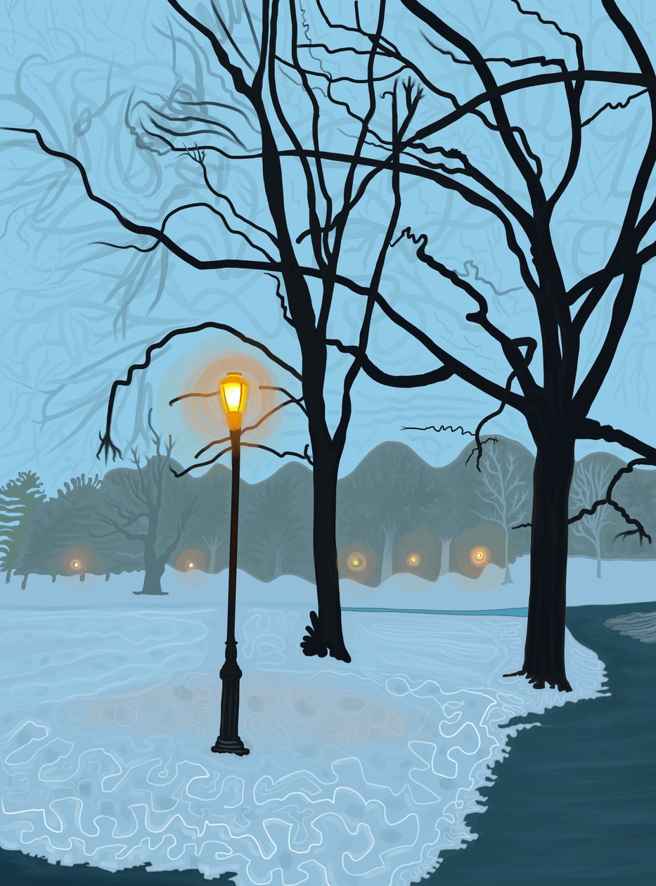 Träd som speglar sig i en pöl av smältande snö, Brooklyn (digital konst) av Evan Sklar