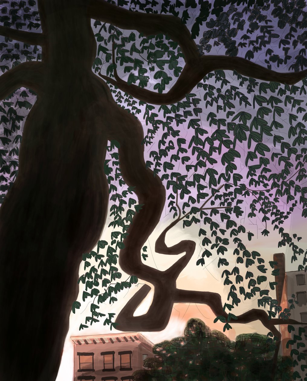 Tree and Avenue At Dusk, 2016 (handritad på en iPad med en Apple-penna) av Evan Sklar