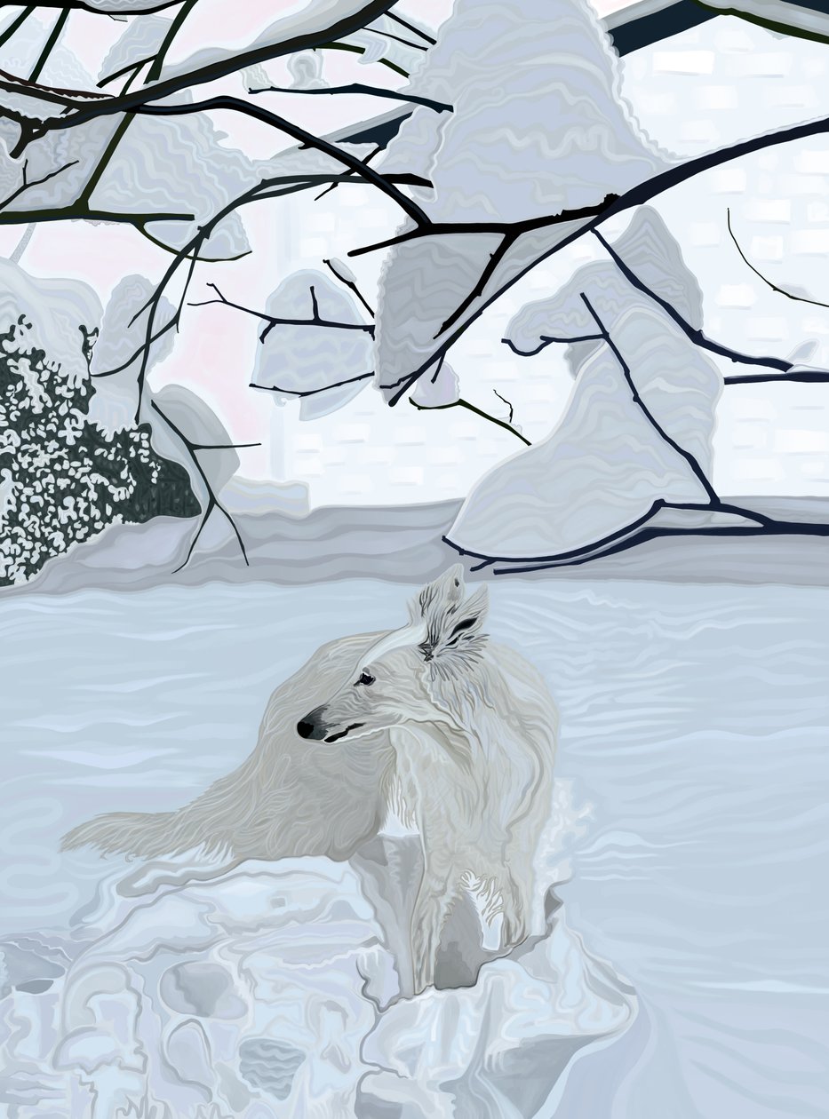 Vit hund i snö (digital konst) av Evan Sklar