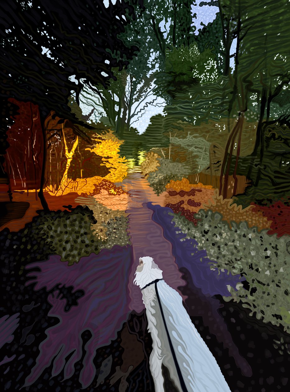 Vit hund som går i skogen (digital konst) av Evan Sklar