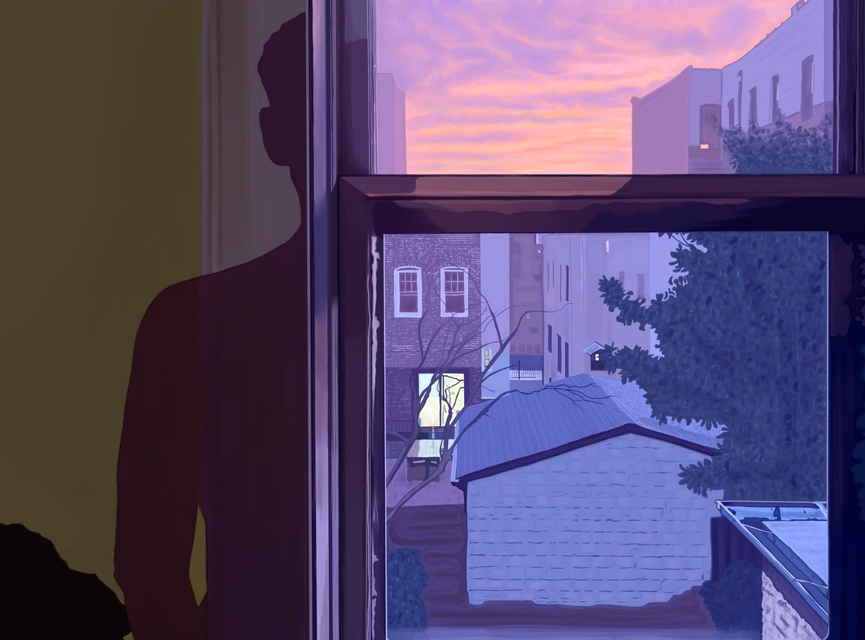 Fönster och min skugga på väggen vid solnedgången (digital konst) av Evan Sklar